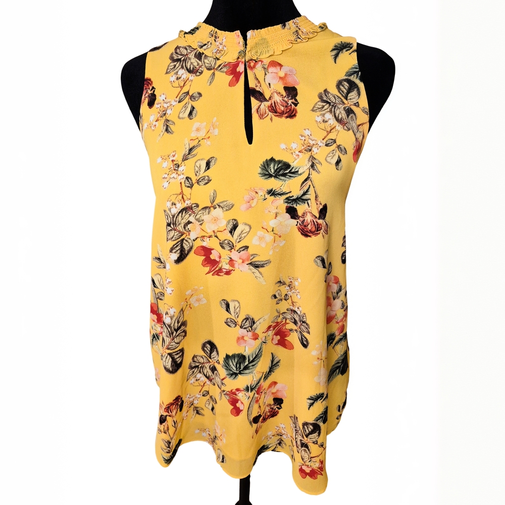 Rose + Olive Yellow Floral Sleeveless Blouse | Ruffle Neck | Size S